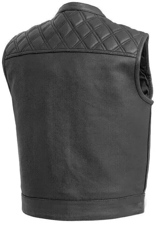 Gilet moto en cuir noir pour homme avec coutures en losange