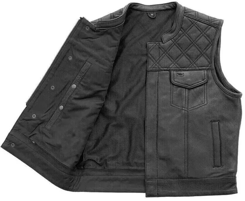 Gilet moto en cuir noir pour homme avec coutures en losange