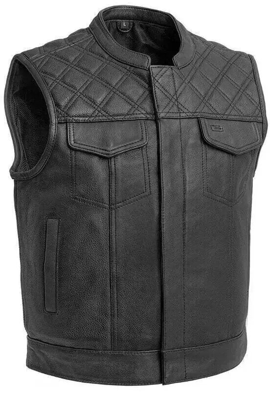 Gilet moto en cuir noir pour homme avec coutures en losange