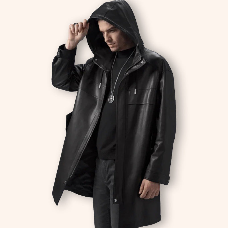 Manteau mi-long en cuir noir pour homme avec capuche