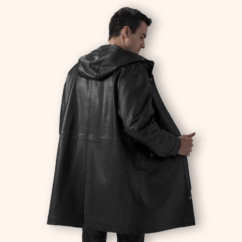 Manteau mi-long en cuir noir pour homme avec capuche