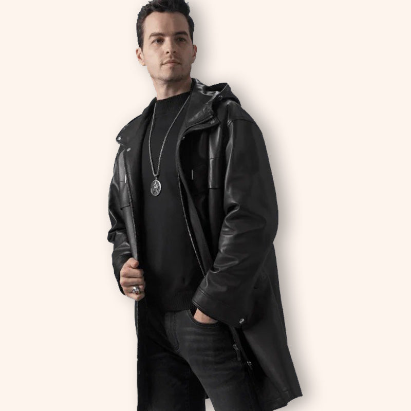 Manteau mi-long en cuir noir pour homme avec capuche