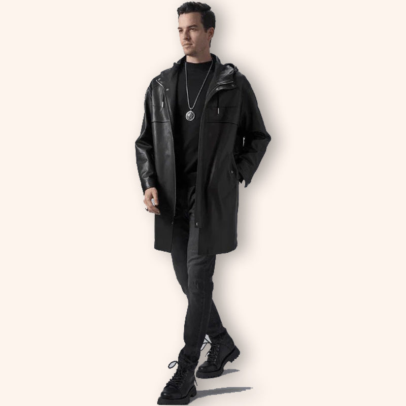 Manteau mi-long en cuir noir pour homme avec capuche