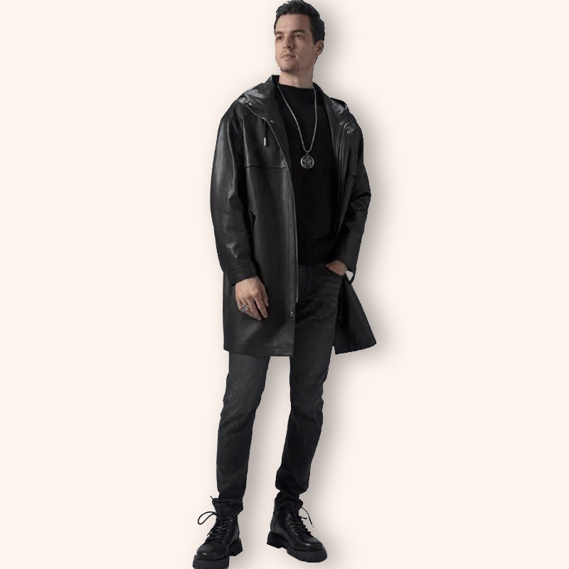 Manteau mi-long en cuir noir pour homme avec capuche