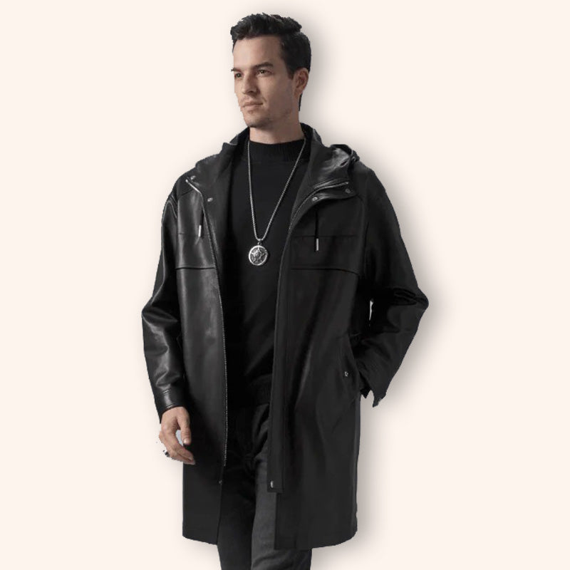 Manteau mi-long en cuir noir pour homme avec capuche