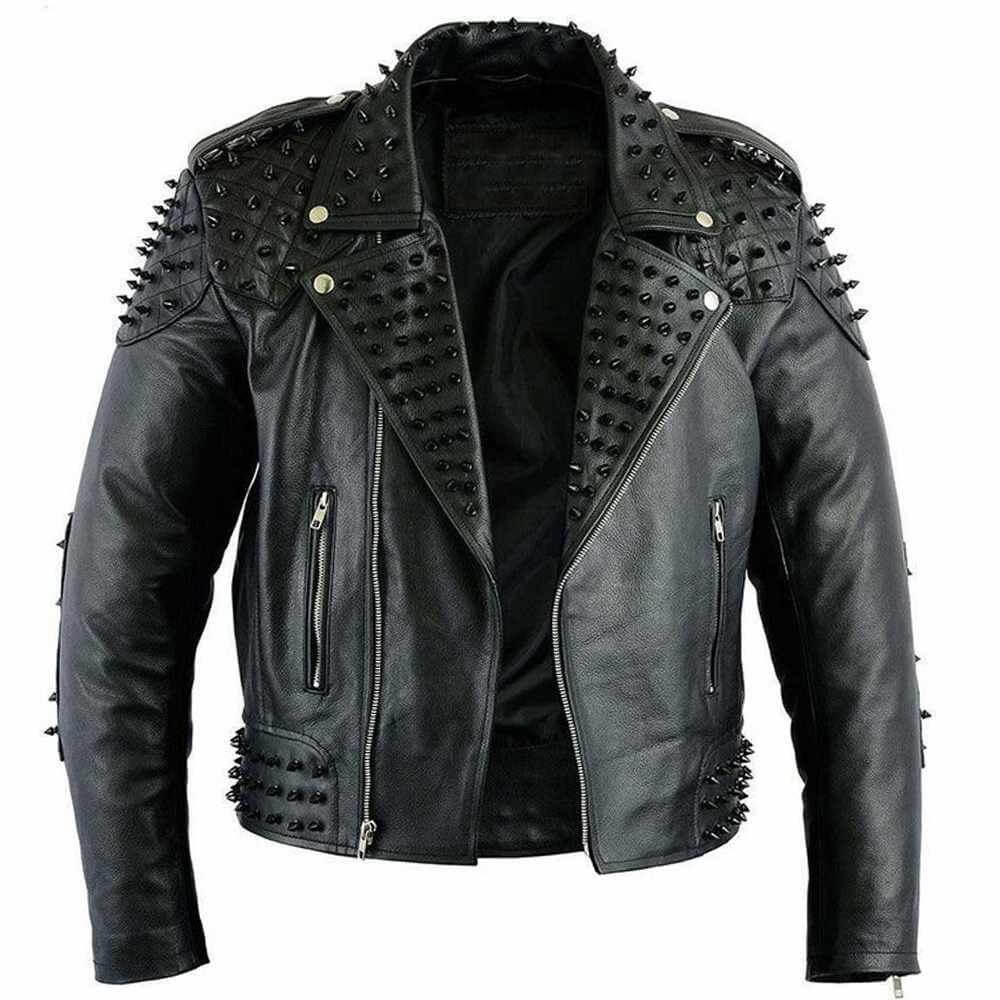 Veste motard en cuir cloutée noire pour homme style punk