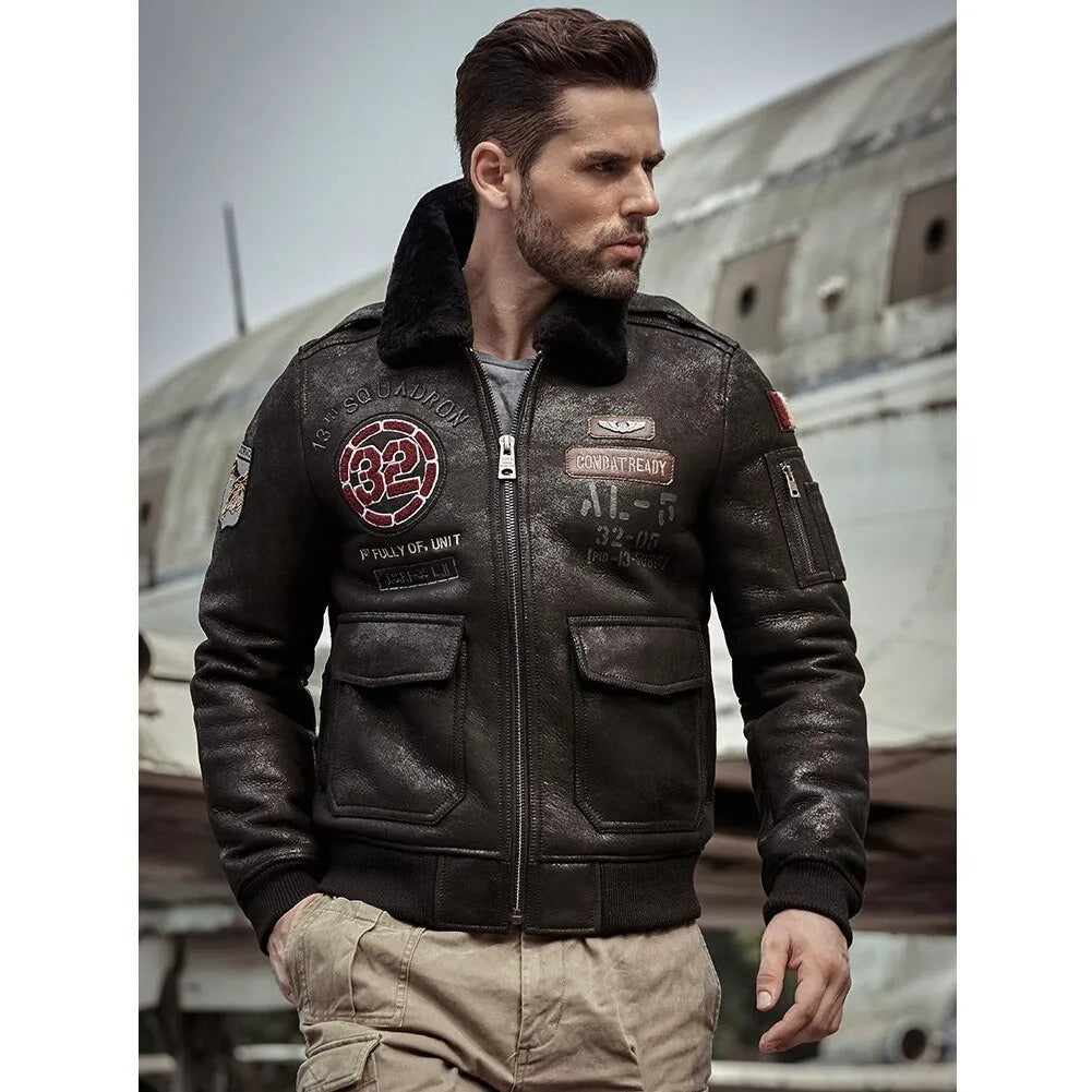 Veste en cuir de mouton noir pour homme - Airforce Flight Coat