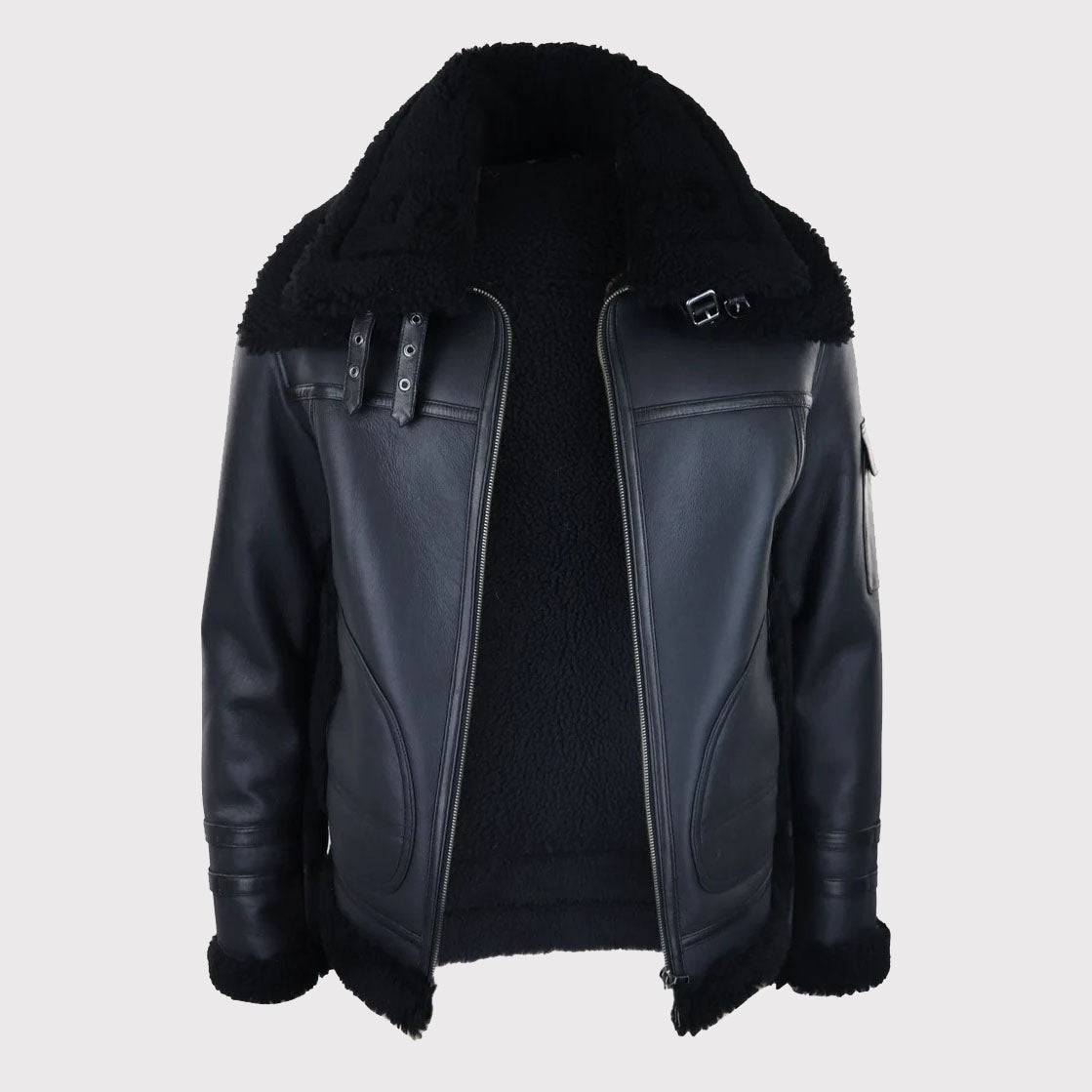 Veste de vol zippée en peau de mouton retournée noire pour homme