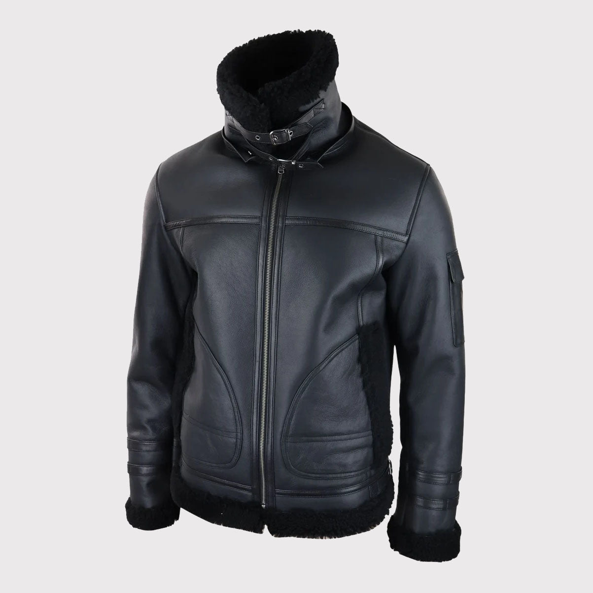 Veste de vol zippée en peau de mouton retournée noire pour homme