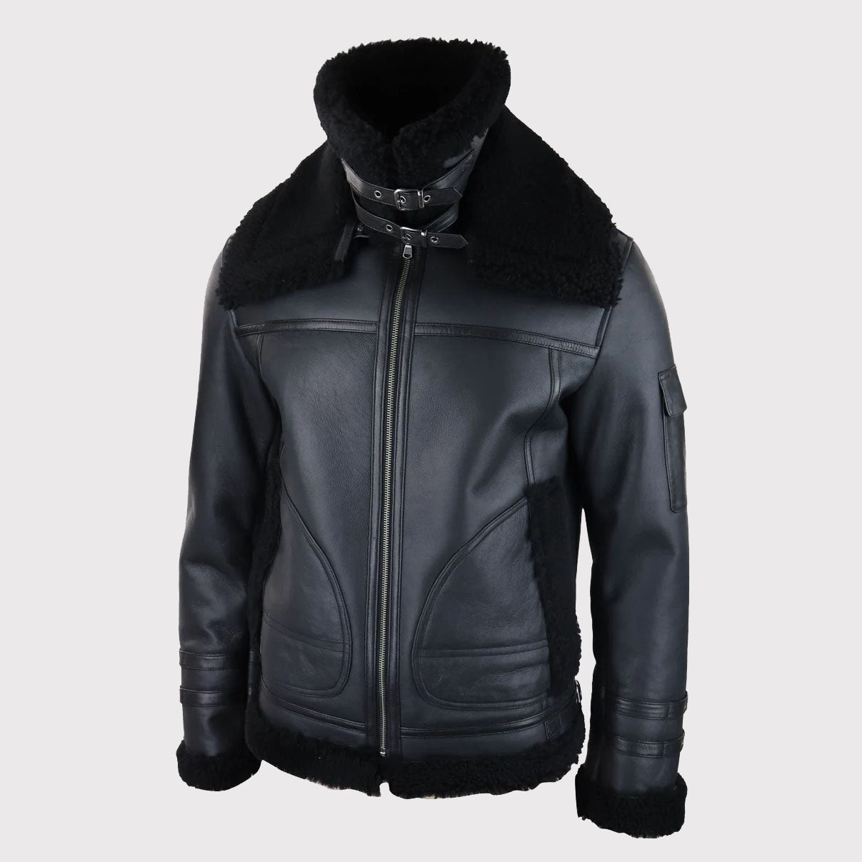 Veste de vol zippée en peau de mouton retournée noire pour homme