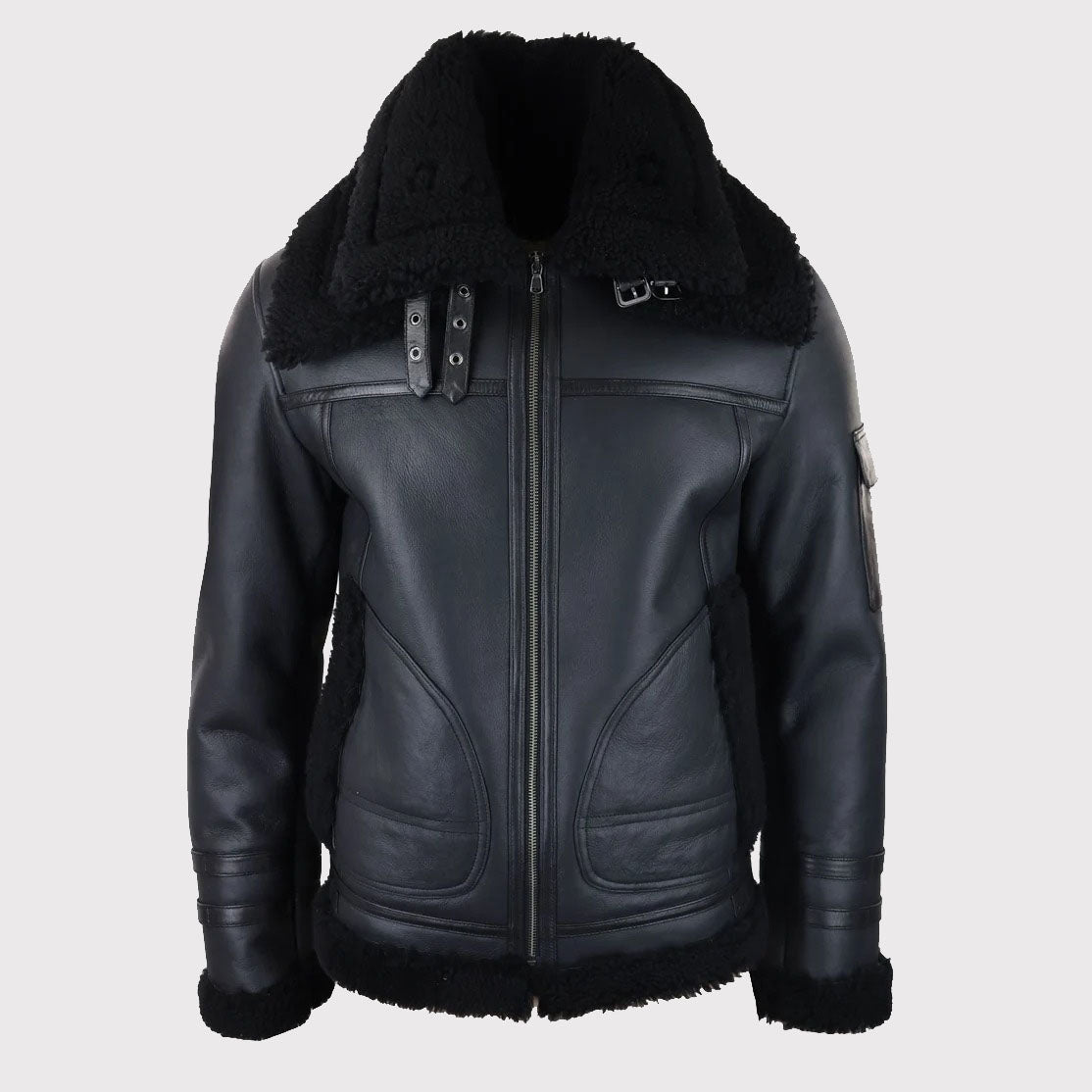 Veste de vol zippée en peau de mouton retournée noire pour homme