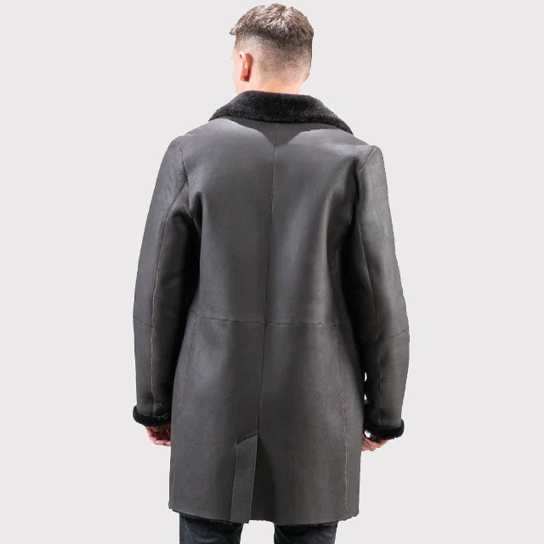 Manteau en daim véritable et peau de mouton noir pour homme