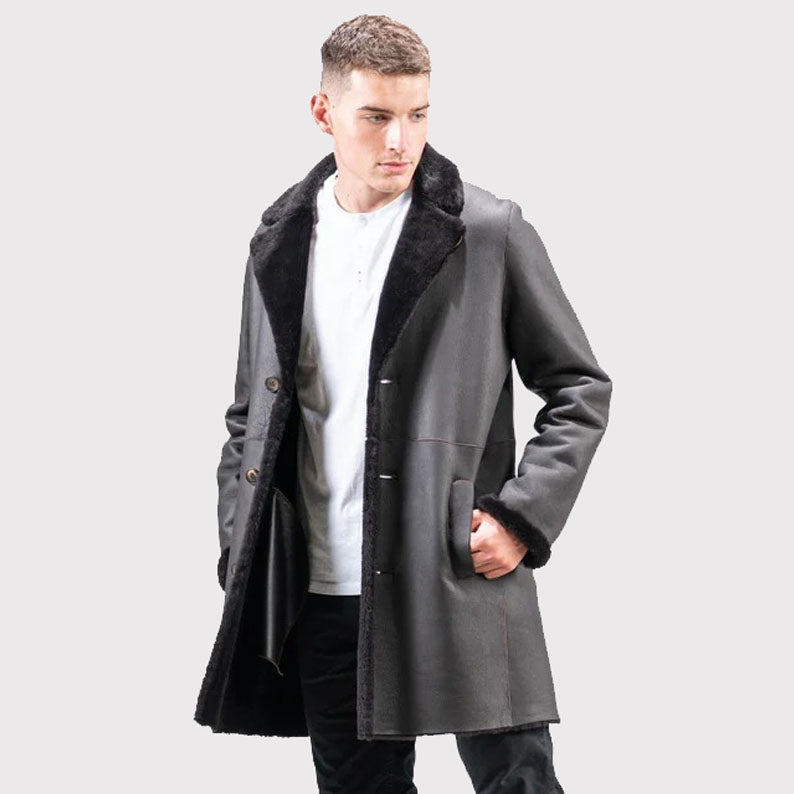 Manteau en daim véritable et peau de mouton noir pour homme