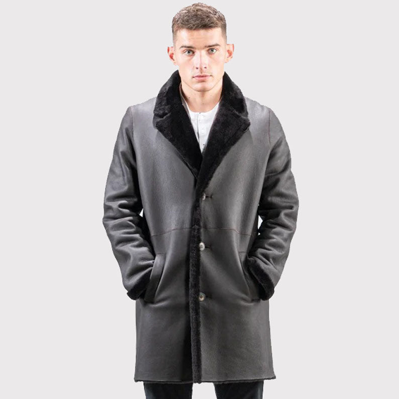 Manteau en daim véritable et peau de mouton noir pour homme