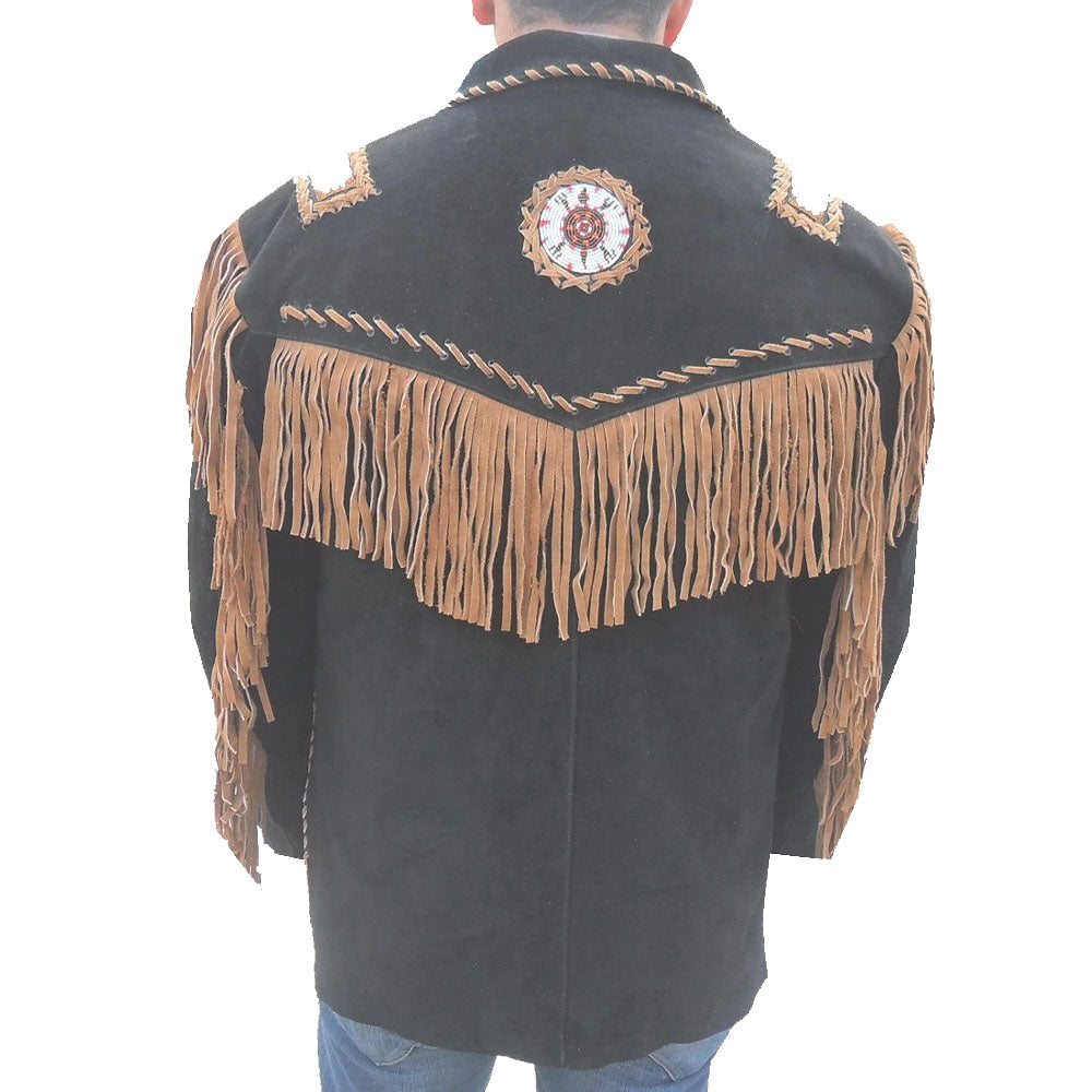 Veste en cuir suédé noir style western cowboy pour homme avec franges