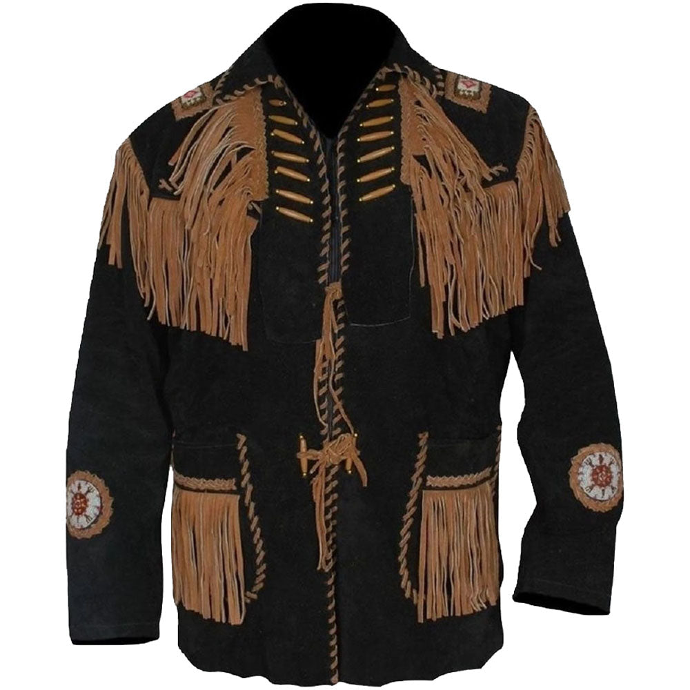 Veste en cuir suédé noir style western cowboy pour homme avec franges