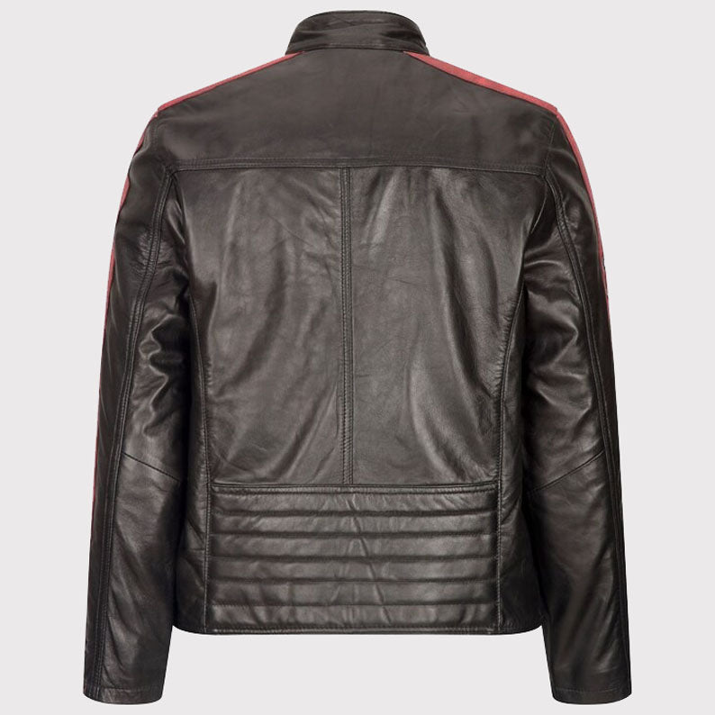 Veste motard en cuir noir et blanc pour homme avec badge Racing Stripe - Modèle court zippé