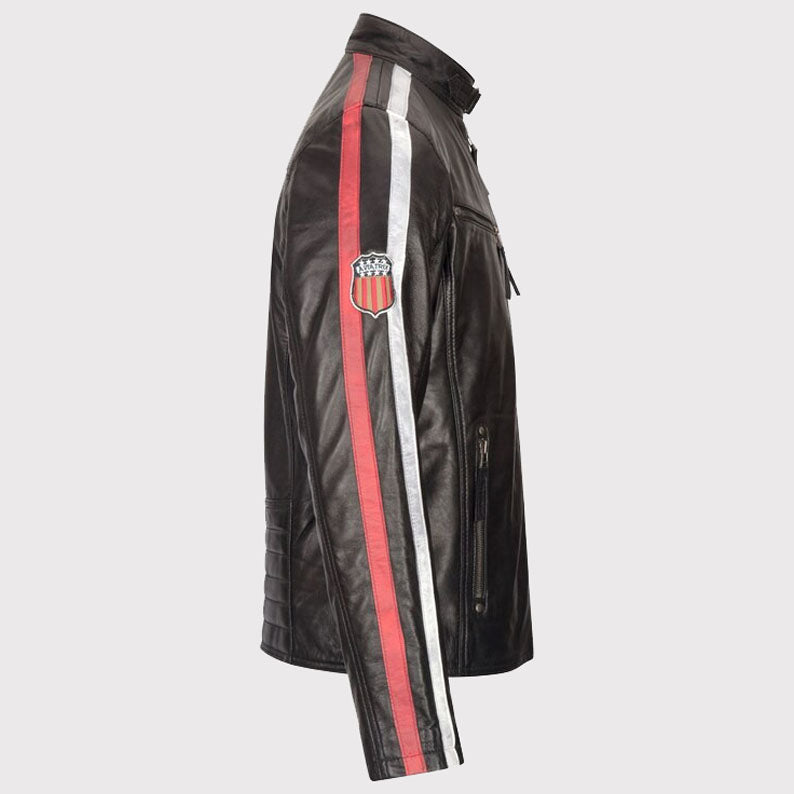 Veste motard en cuir noir et blanc pour homme avec badge Racing Stripe - Modèle court zippé