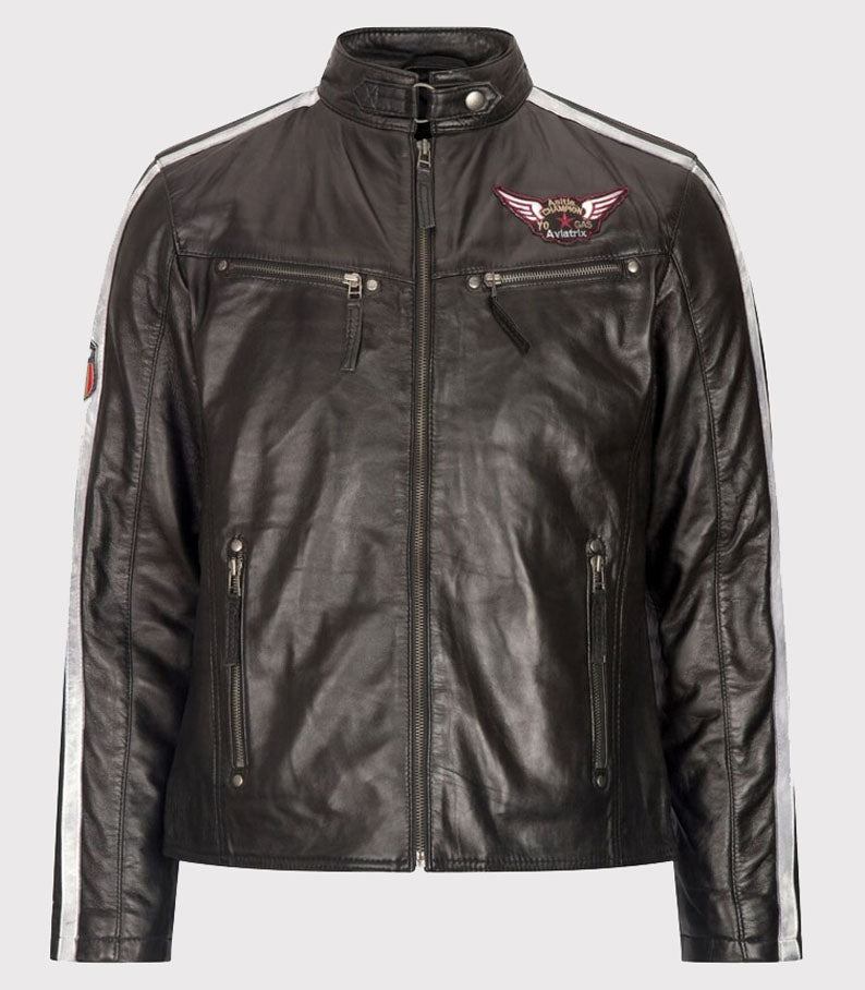 Veste motard en cuir noir et blanc pour homme avec badge Racing Stripe - Modèle court zippé