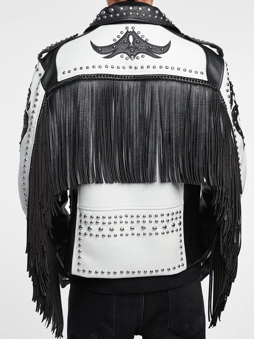 Nouvelle veste en cuir de cow-boy cloutée argentée noire et blanche pour homme avec franges