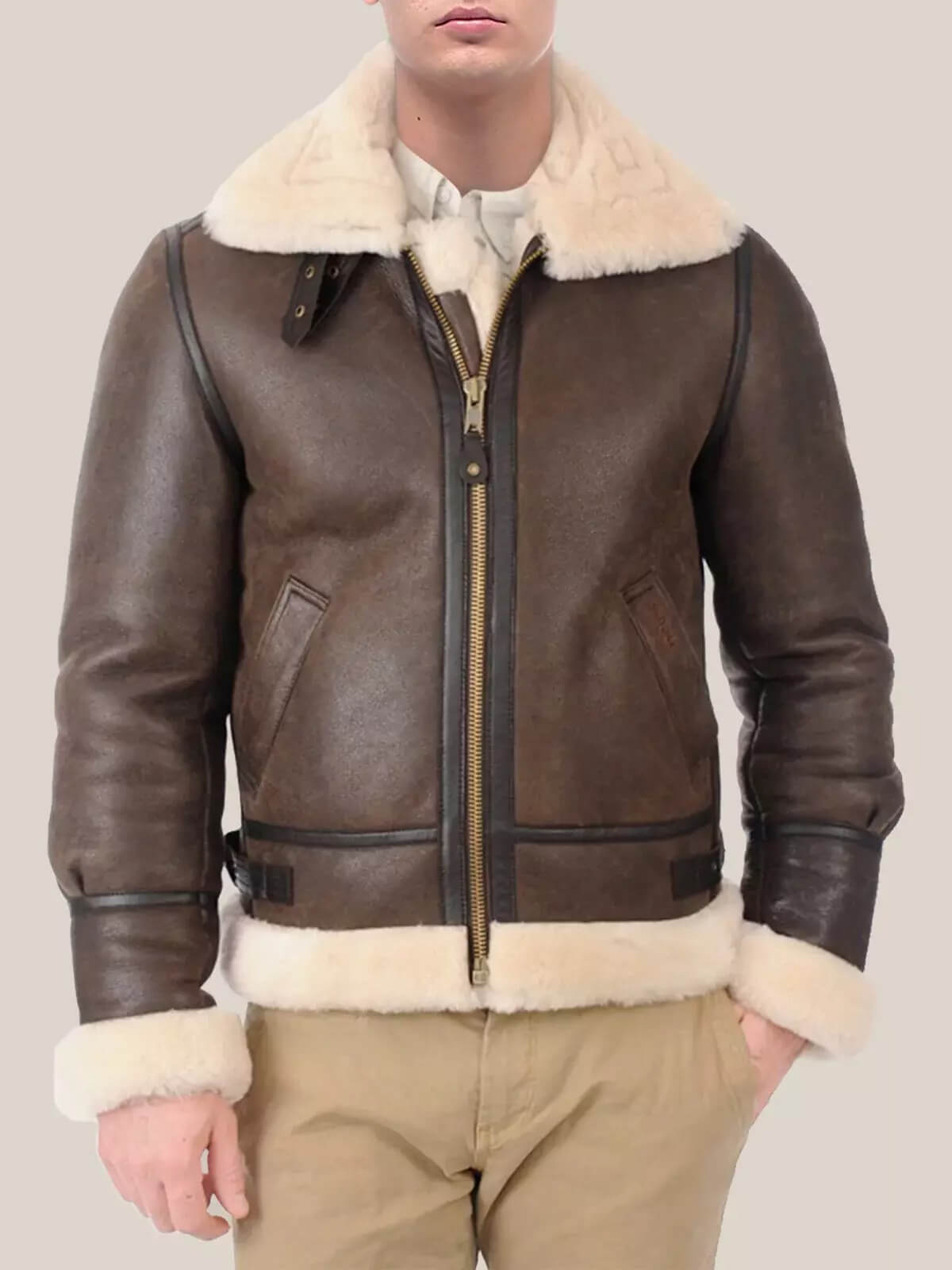 Blouson aviateur en cuir de mouton retourné marron B3 pour homme