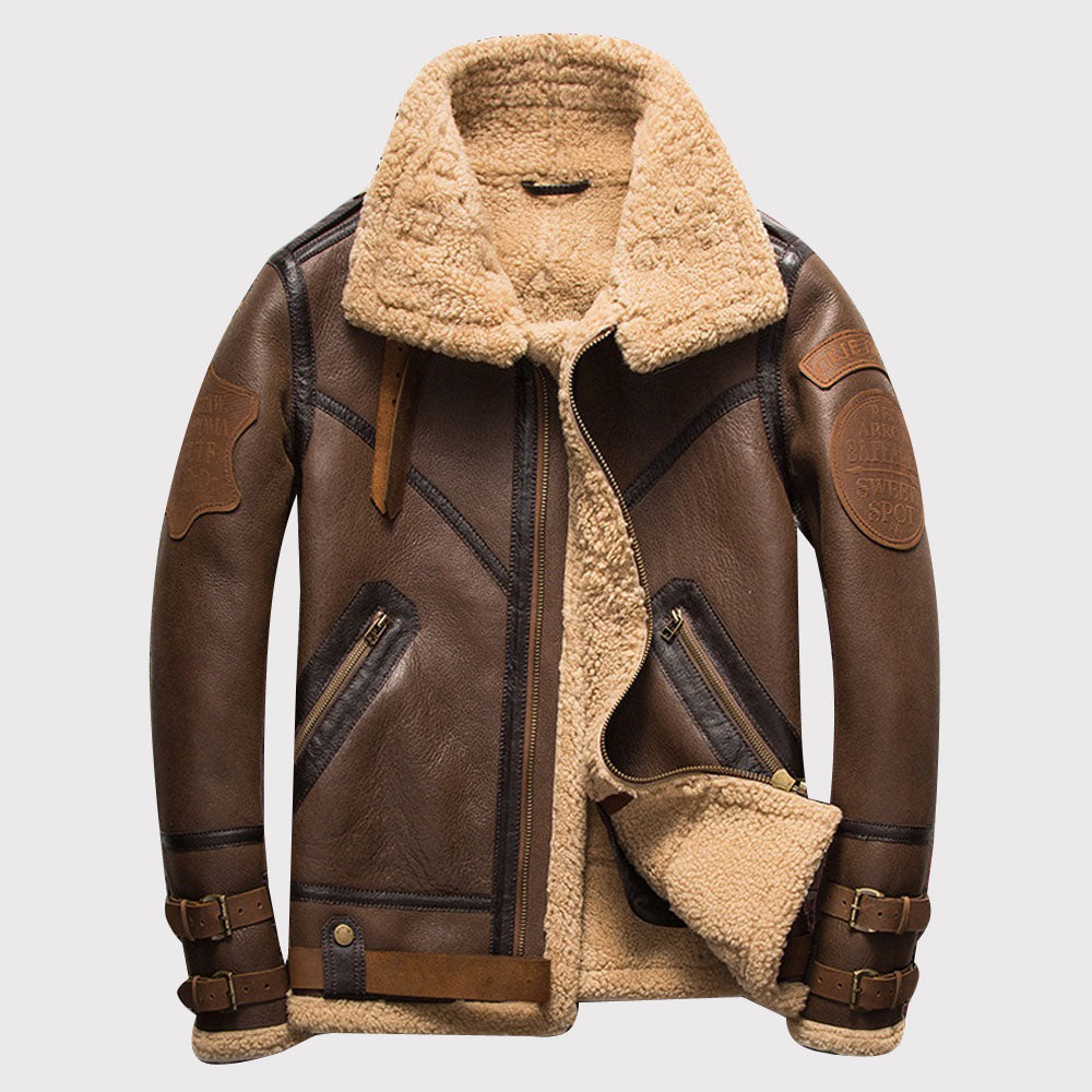 Blouson aviateur en peau de mouton retournée marron B3 pour homme