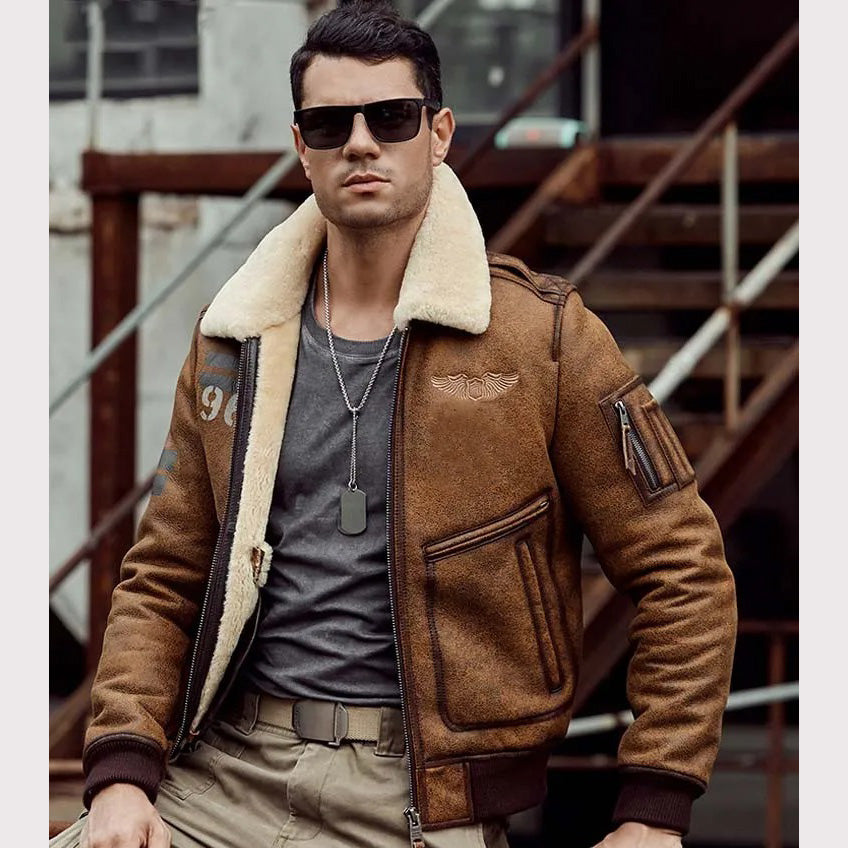 Blouson aviateur en peau de mouton retournée marron B6 pour homme