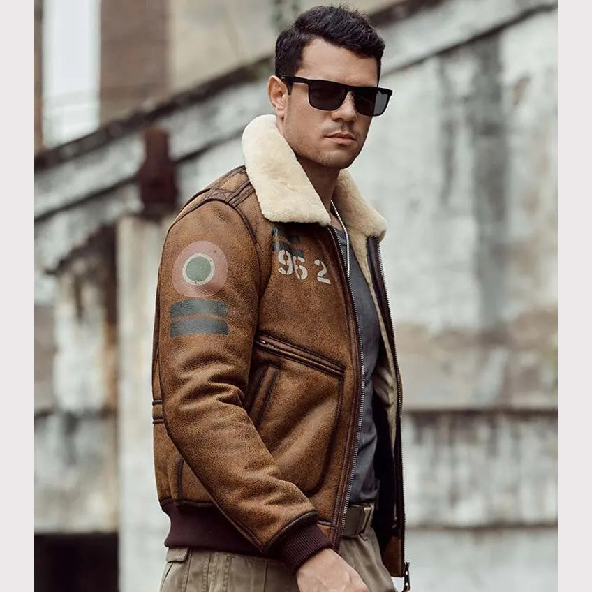 Blouson aviateur en peau de mouton retournée marron B6 pour homme