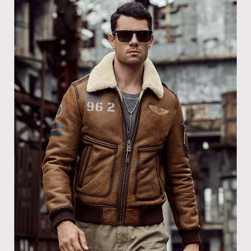 Blouson aviateur en peau de mouton retournée marron B6 pour homme