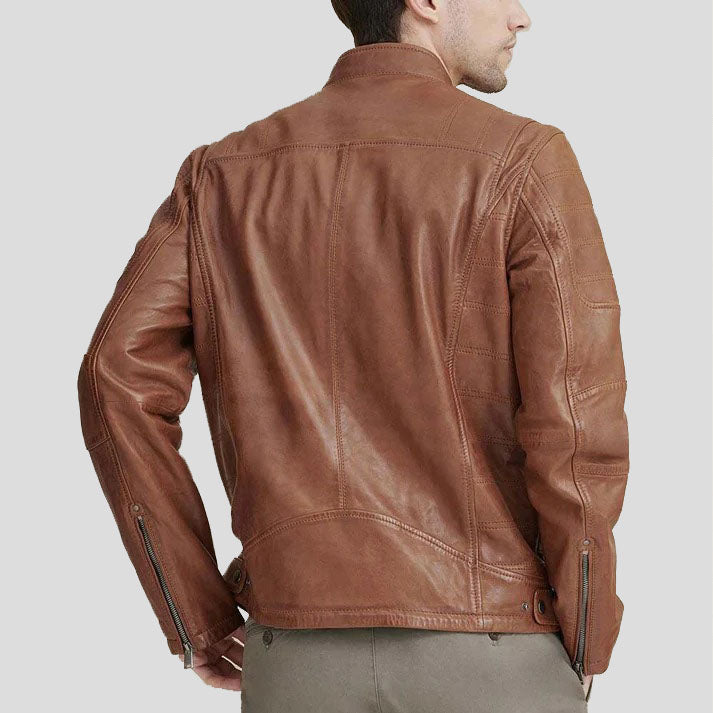 Veste de moto en cuir marron pour homme