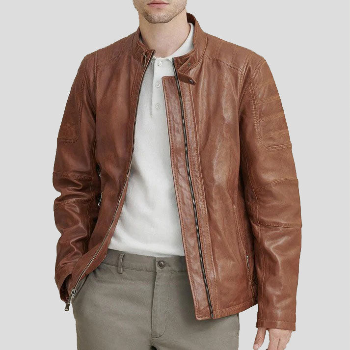 Veste de moto en cuir marron pour homme