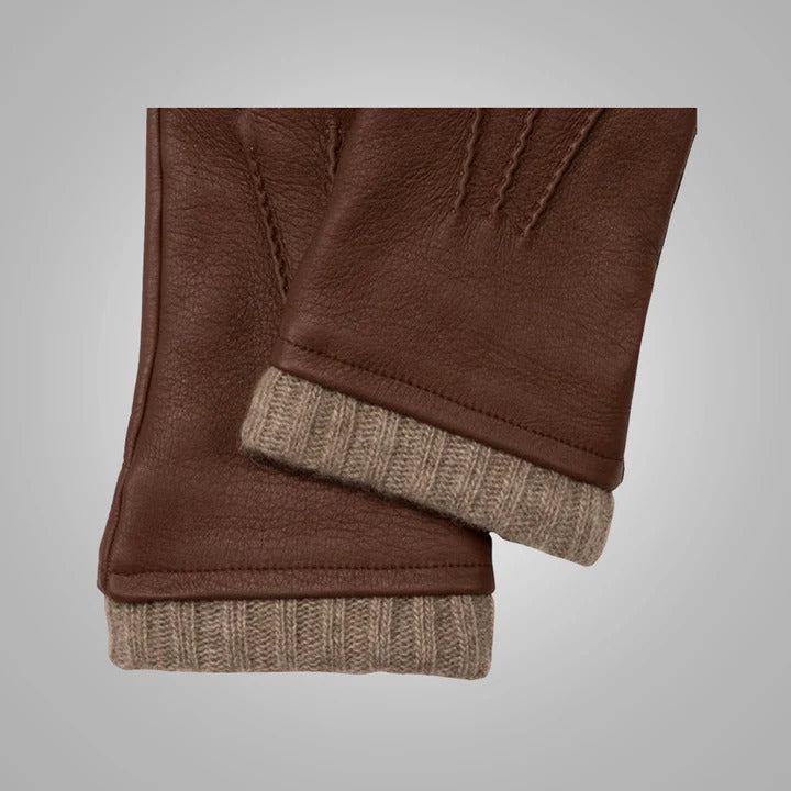 Gants en cuir de cerf marron pour homme avec doublure en cachemire