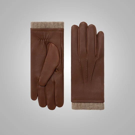 Gants en cuir de cerf marron pour homme avec doublure en cachemire