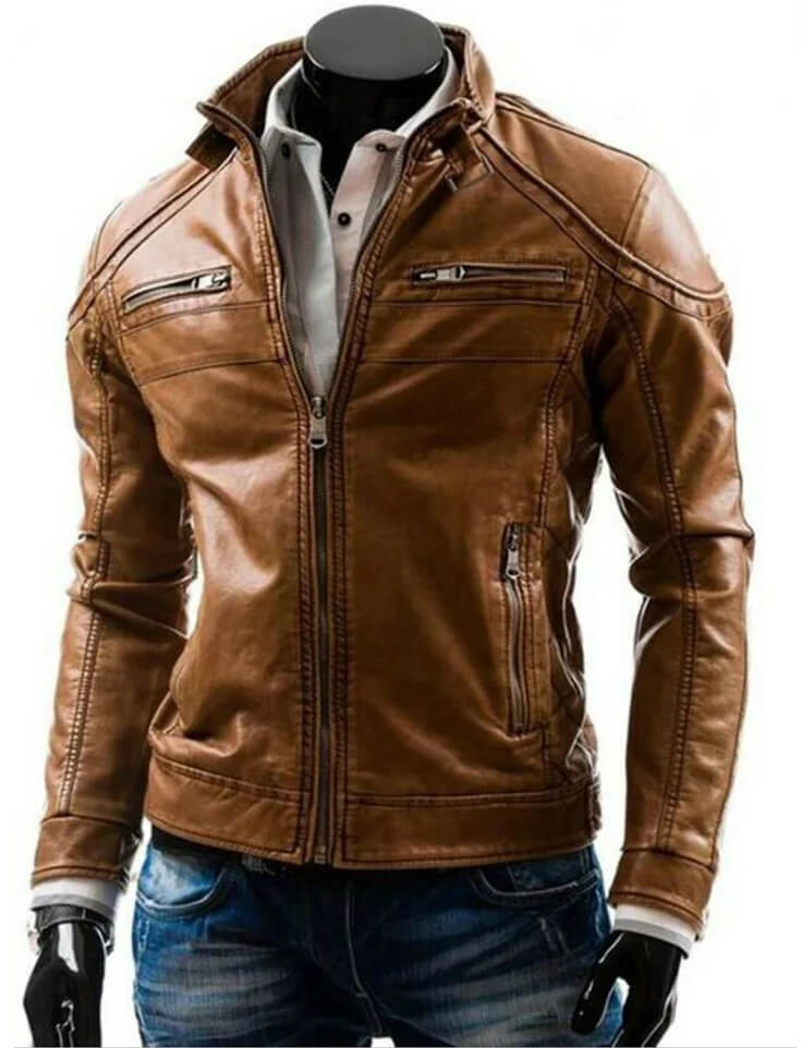 Veste de motard en cuir marron tendance pour homme