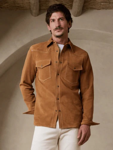 Chemise en cuir suédé marron à manches longues pour homme