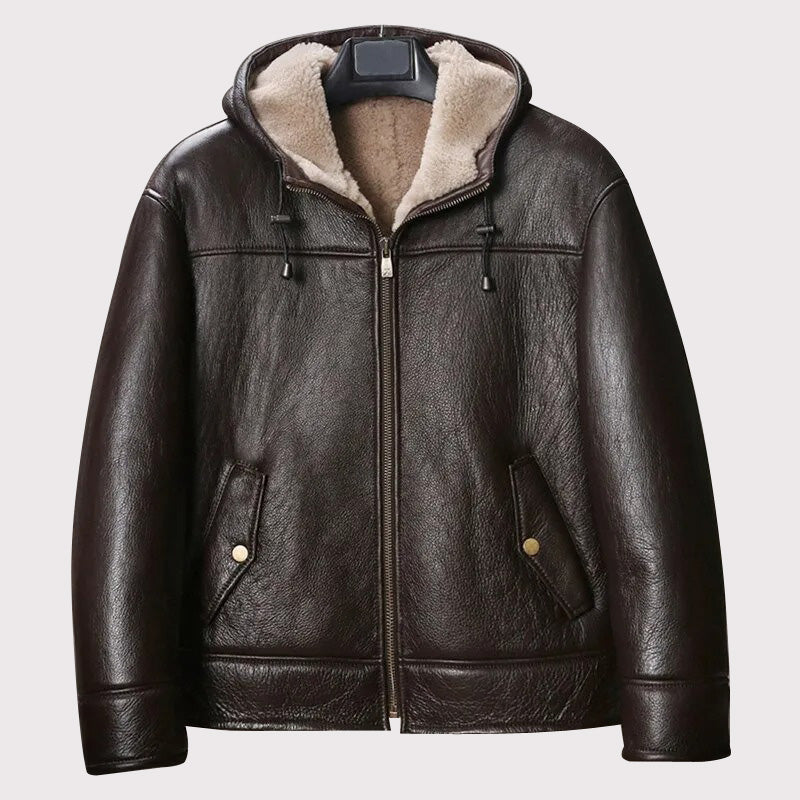 Veste de moto en peau de mouton B3 marron à capuche pour homme