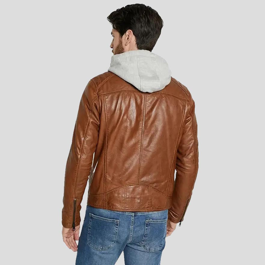 Veste en cuir d'agneau marron à capuche pour homme