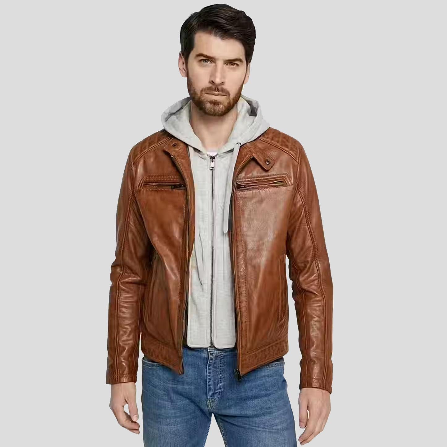 Veste en cuir d'agneau marron à capuche pour homme