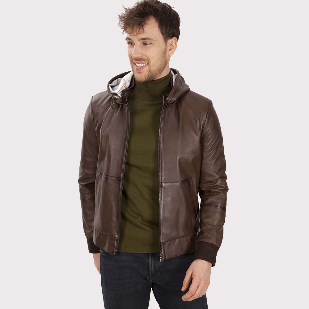 Veste en cuir marron à capuche pour homme