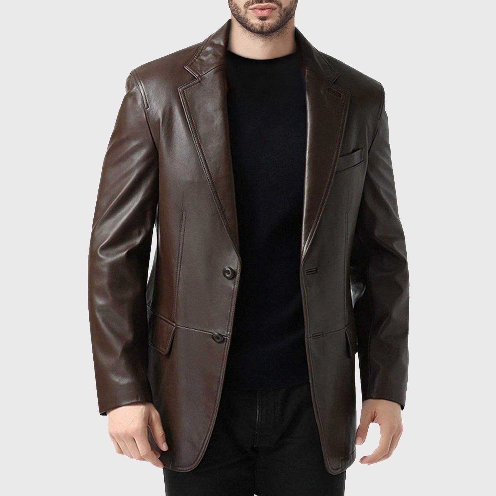 Manteau blazer en cuir marron à boutonnage simple pour homme