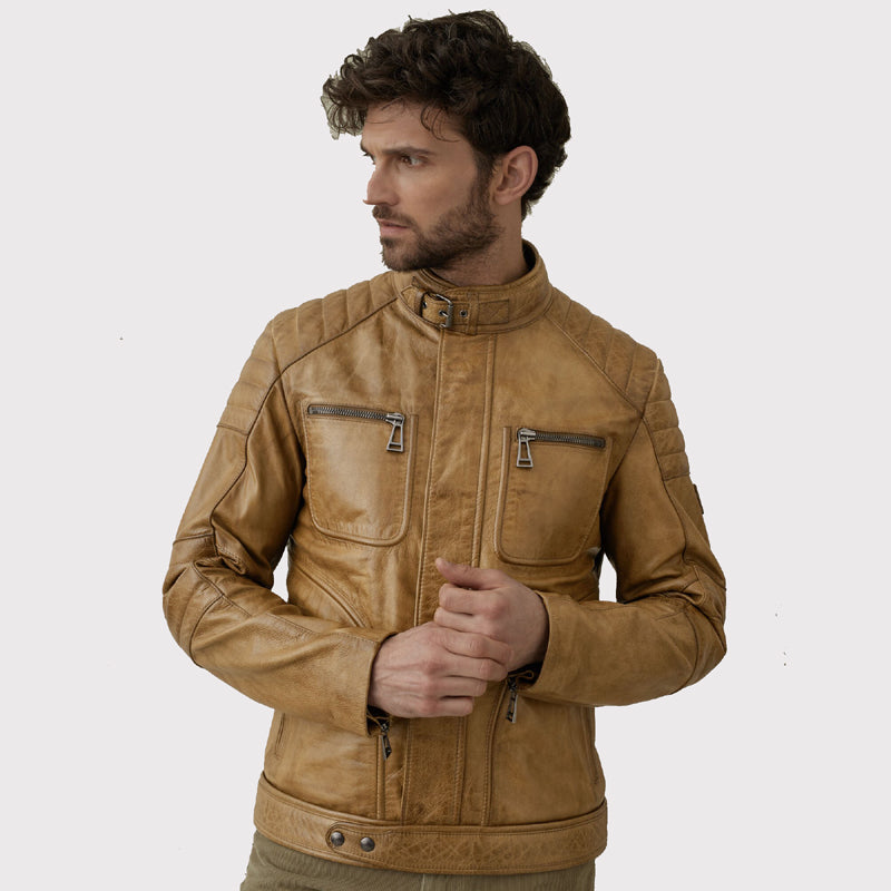 Veste Cafe Racer en cuir véritable marron pour homme - Style classique !