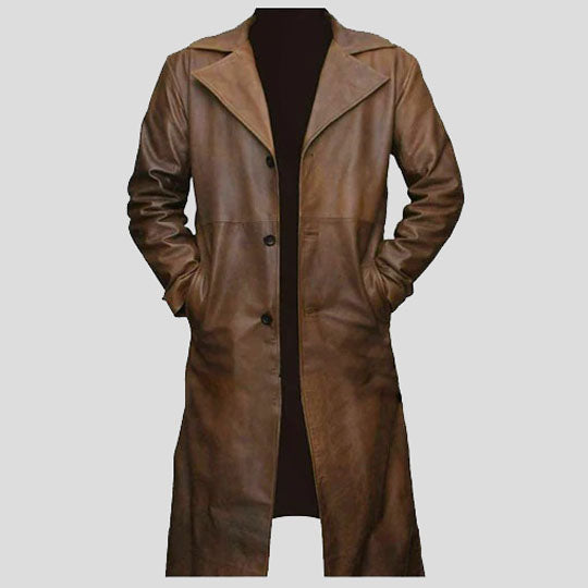 Trench-coat en cuir d'agneau véritable marron pour homme