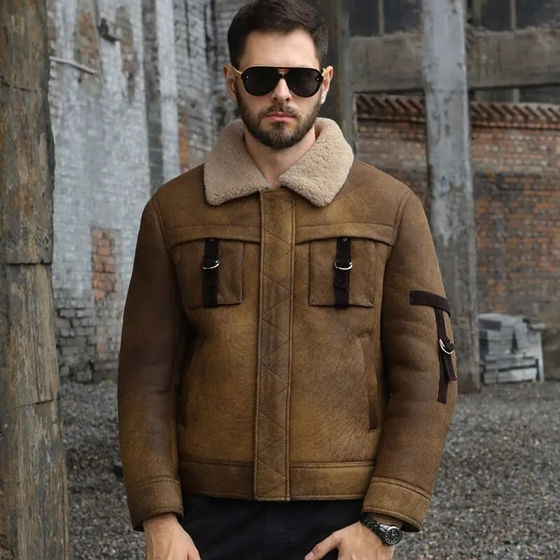 Blouson moto aviateur B3 en peau de mouton marron pour homme