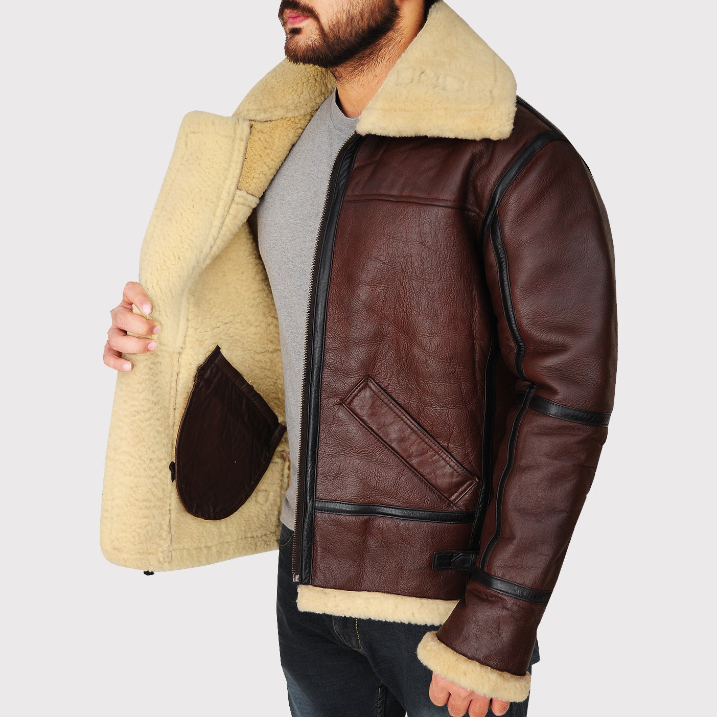 Blouson aviateur B3 en peau de mouton marron pour homme