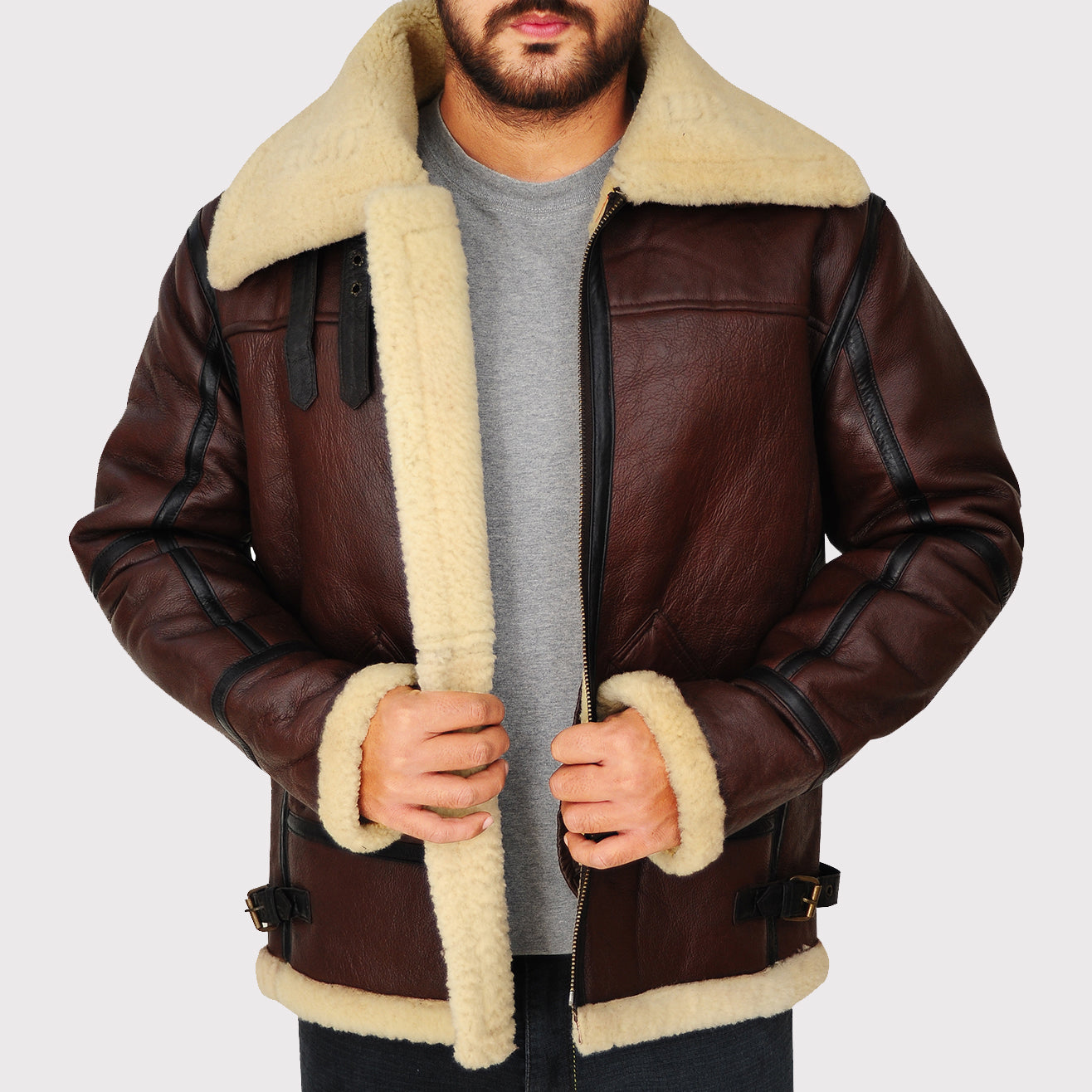 Blouson aviateur B3 en peau de mouton marron pour homme