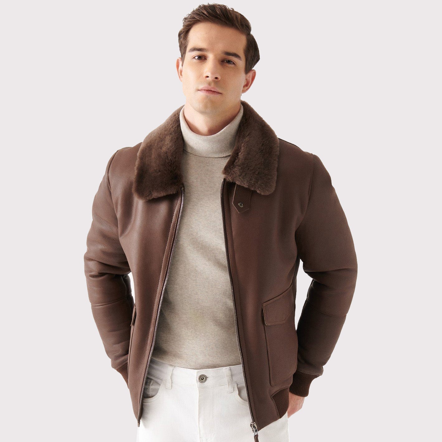 Veste aviateur élégante en peau de mouton marron pour homme