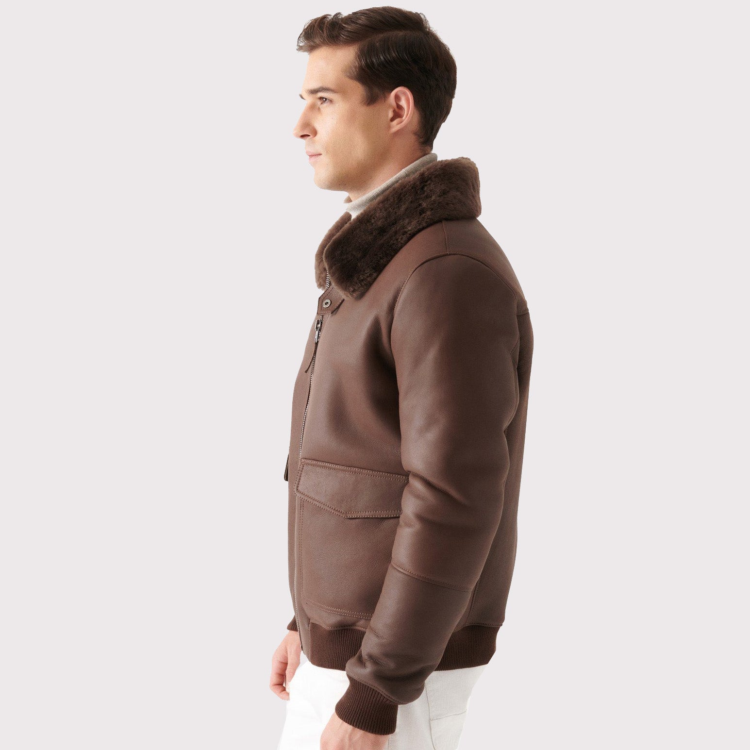 Veste aviateur élégante en peau de mouton marron pour homme