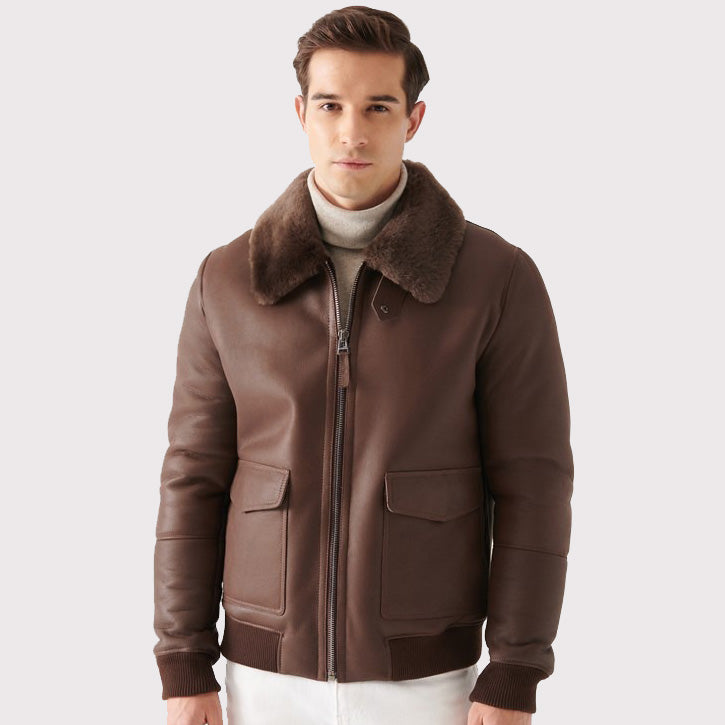 Veste aviateur élégante en peau de mouton marron pour homme