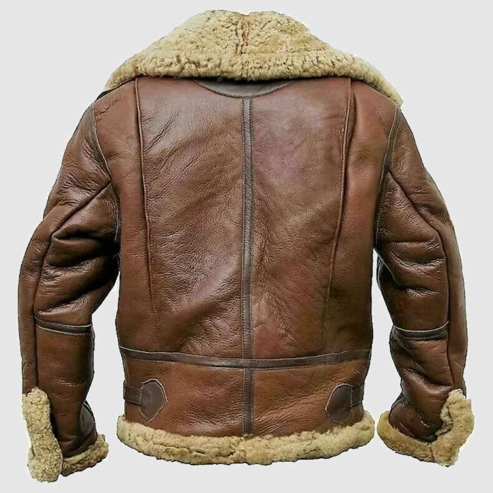 Veste aviateur en cuir et fourrure de mouton retournée marron pour homme