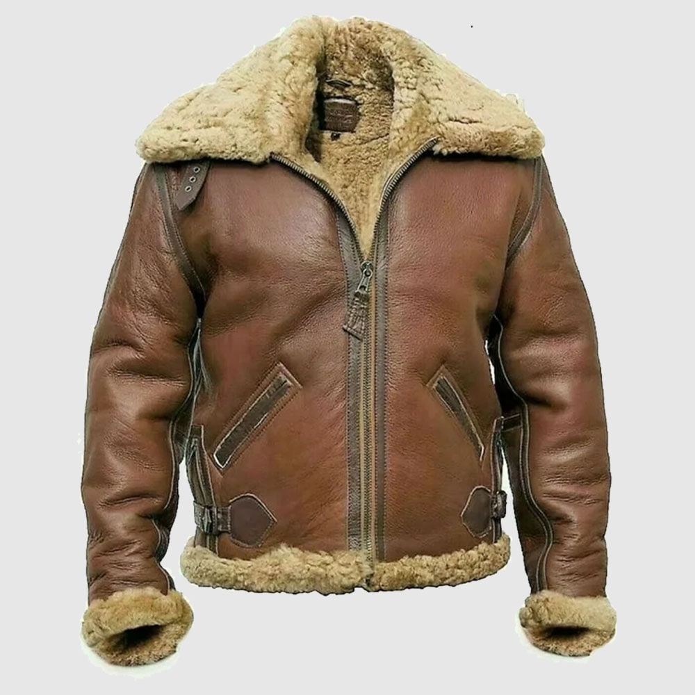 Veste aviateur en cuir et fourrure de mouton retournée marron pour homme